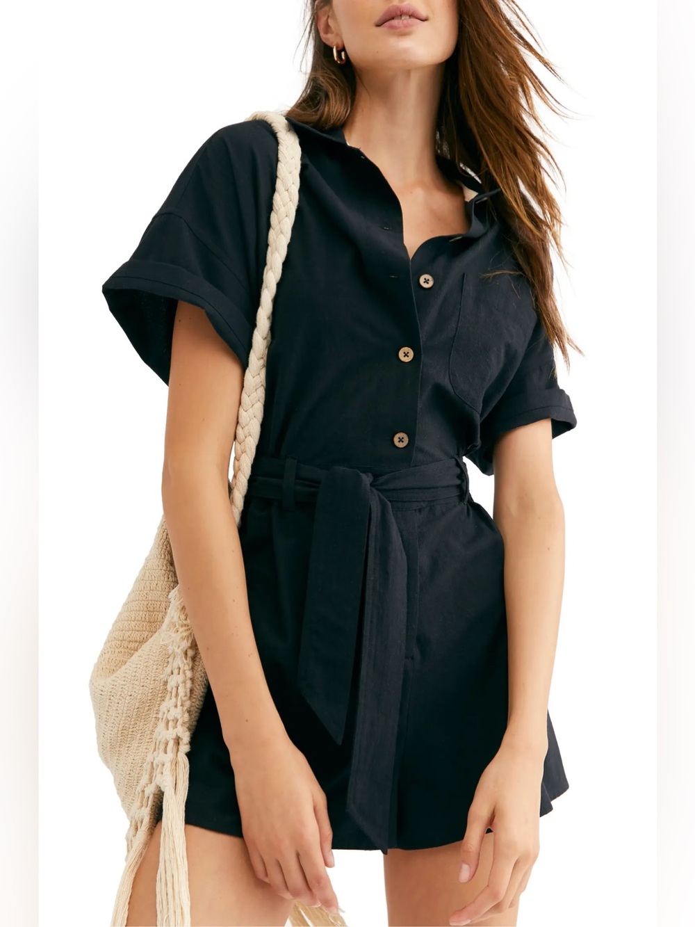 Free People Black 100% Cotton Button Down Coastal Romper Women’s Size Small